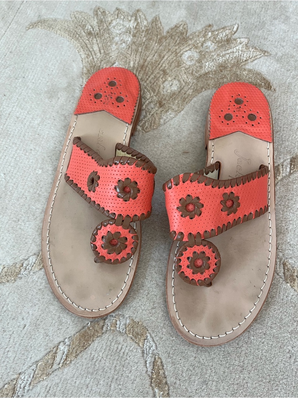 Jack Rogers Coral Leather Floral Whipstitch Sandals